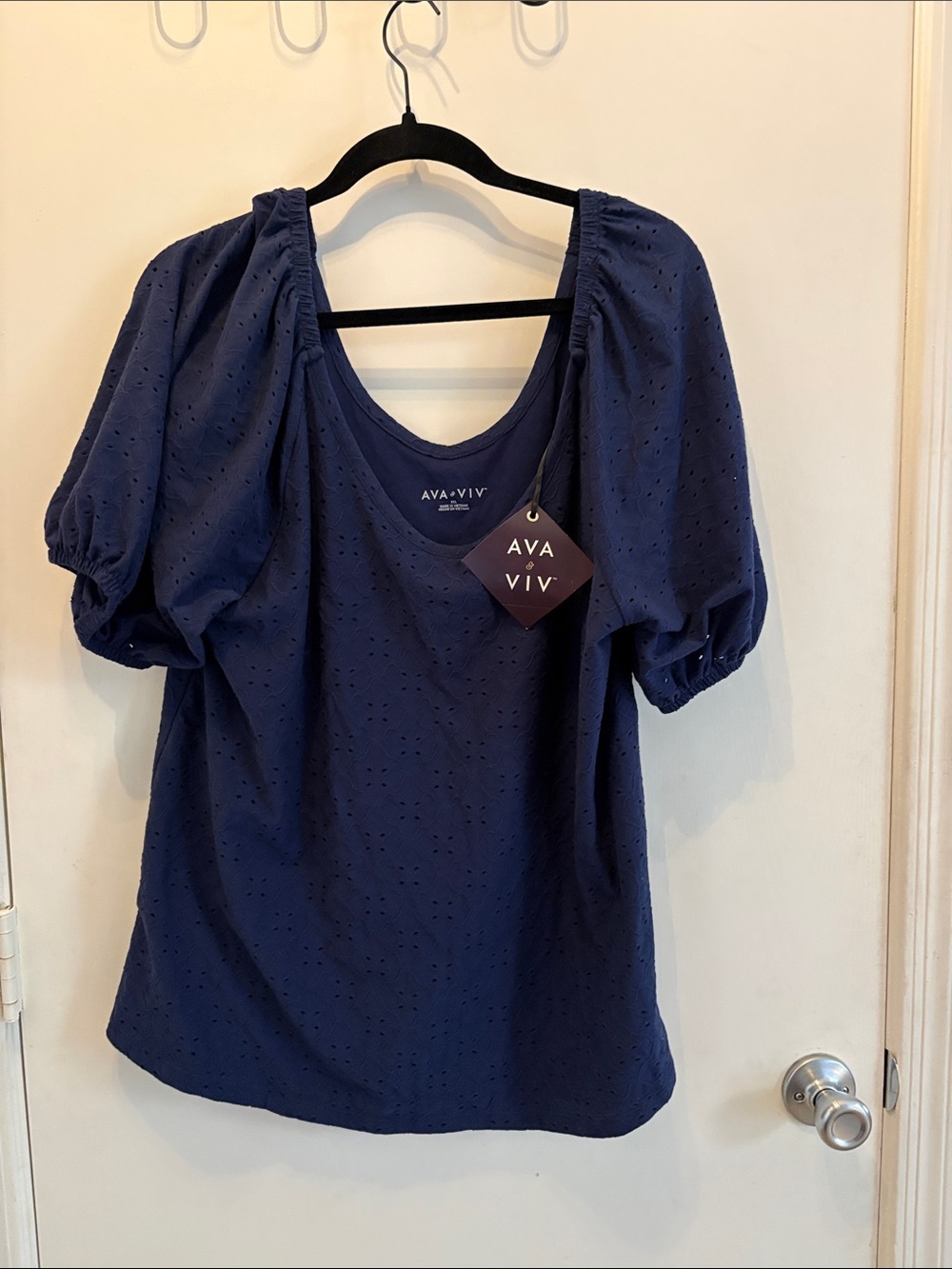 Ava & Viv Navy Eyelet Puff Sleeve Top Boho Cottagecore Coquette Fem Size XXL